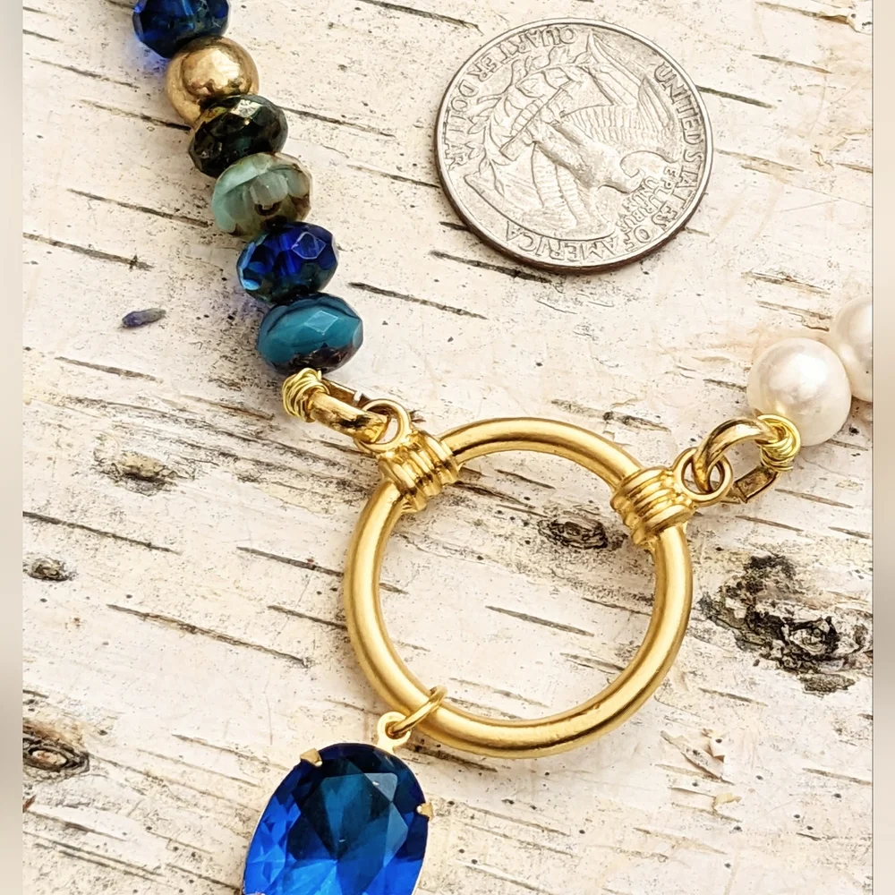 Blue Glass & Crystal Beads & White Freshwater Pearls In Assymetrical Necklace